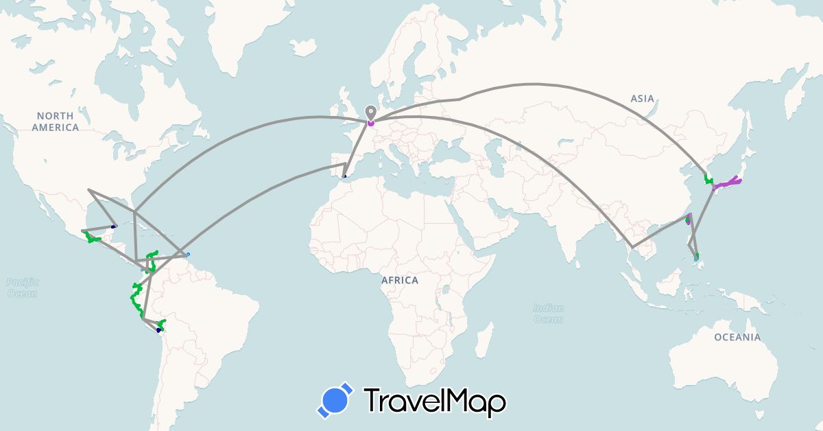 TravelMap itinerary: driving, bus, plane, cycling, train, hiking, boat in Belgium, Colombia, Ecuador, Spain, Japan, South Korea, Mexico, Panama, Peru, Philippines, Russia, Thailand, Trinidad and Tobago, Taiwan, United States (Asia, Europe, North America, South America)